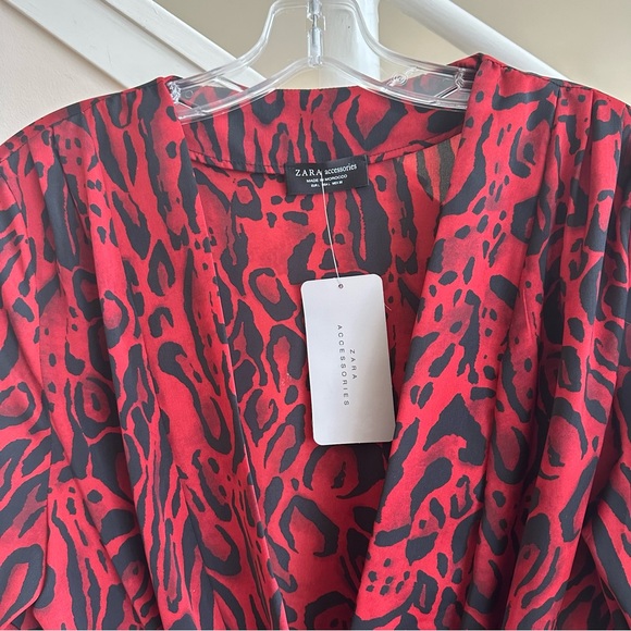 NWT Zara Animal Print Deep V Plunge Draped Wrap Long Sleeve Bodysuit Red Black L - Picture 4 of 16